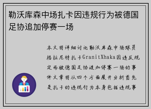 勒沃库森中场扎卡因违规行为被德国足协追加停赛一场